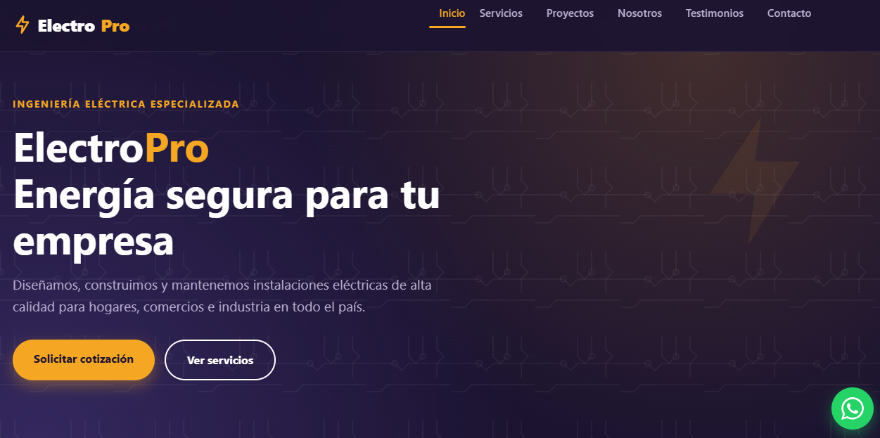 Vista previa de la página web Profesional: portada, tres servicios destacados y datos de contacto